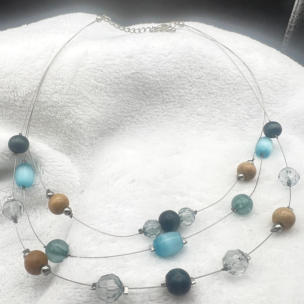 Beaded Necklace Floating Wire Blue Glass Cats Eye Wood Metal 3 Strand 16+2" READ